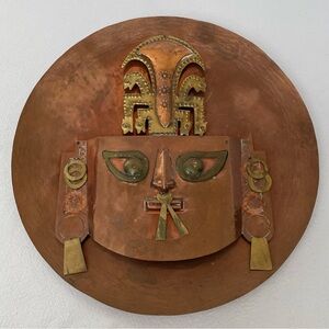 Vintage Copper & Brass Wall Hanging Plate. 3D Aztec Inca Mayan Headdress